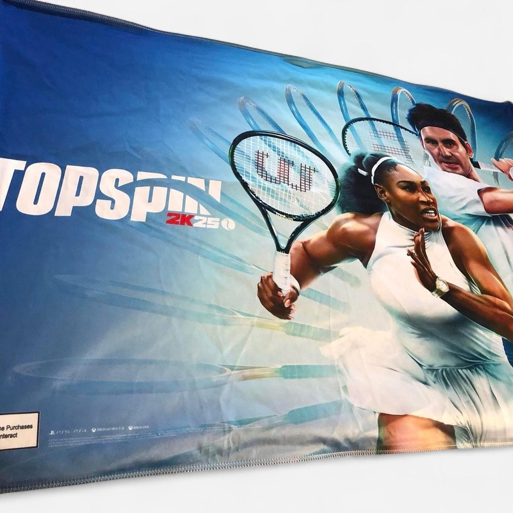 Blue and White Tennis Topspin Game 2k25 Action Fabric Tapestry Banner Large